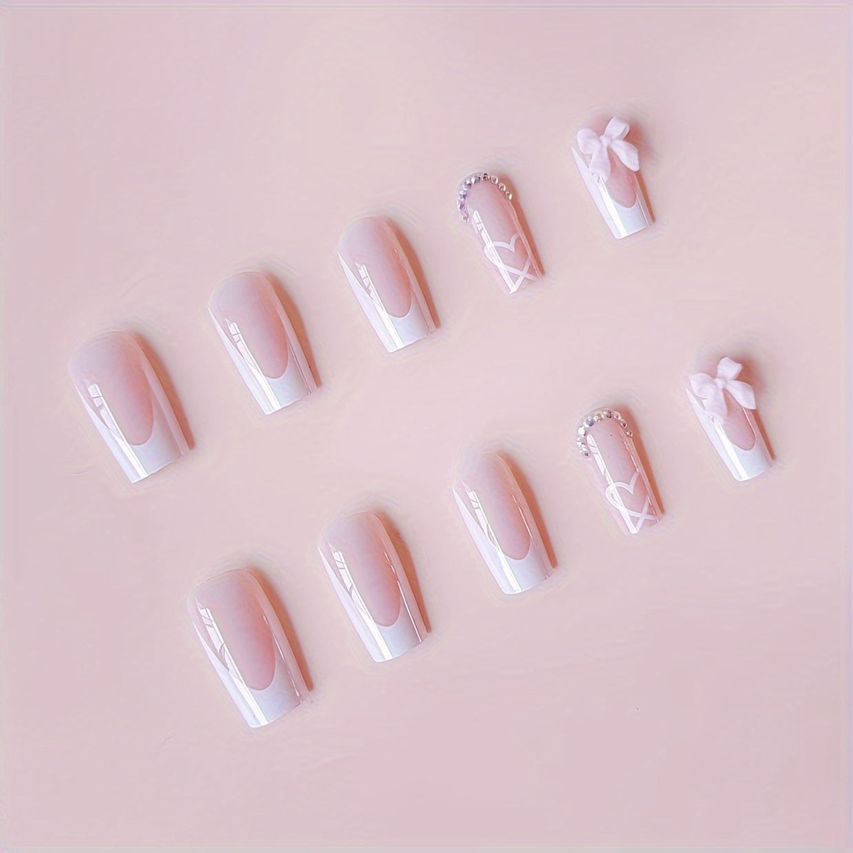 24pcs of White French Tip Rectangular Full Cover Fake Nails Designed with 3D Bow And Rhinestones, Reusable for Women.