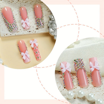 24pcs Glam Pink French Tip Press-On Nails with 3D Rhinestones & Bow Accents - Extra Long Square, Shiny Finish for Women and Girls