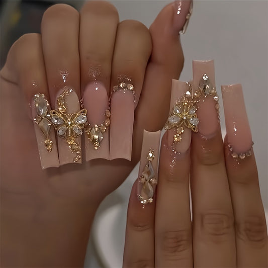 24pcs Luxury Champagne Full Cover Press-On Nails with 3D Golden Butterfly and Rhinestones, Glossy Finish, Long Square False Nails for Women, Easy to Apply & Remove for Party and Dance