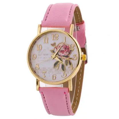 Rose Flower Round Dia Watch Women Elegant Watches Faux Leather Band Arabic Number Quartz Wristwatch Montre Femme Christmas Gift