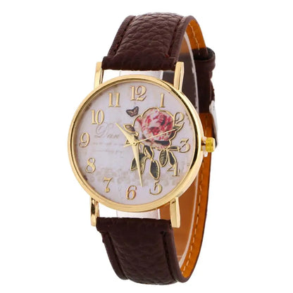 Rose Flower Round Dia Watch Women Elegant Watches Faux Leather Band Arabic Number Quartz Wristwatch Montre Femme Christmas Gift