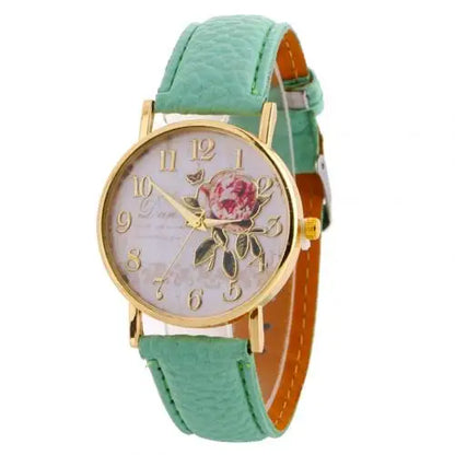 Rose Flower Round Dia Watch Women Elegant Watches Faux Leather Band Arabic Number Quartz Wristwatch Montre Femme Christmas Gift