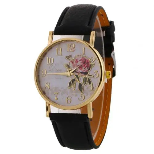 Rose Flower Round Dia Watch Women Elegant Watches Faux Leather Band Arabic Number Quartz Wristwatch Montre Femme Christmas Gift