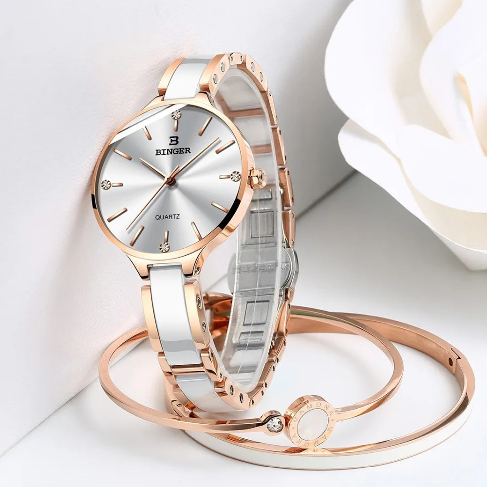 Zegarek damski Switzerland BINGER Fashion Women Watch Luxury Brand Bracelets Ceramic Watch band Sapphire Waterproof Montre femme