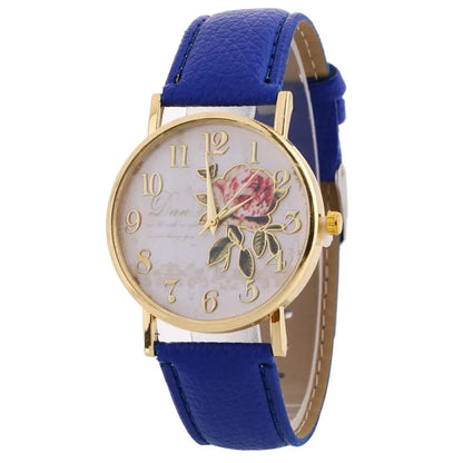 Rose Flower Round Dia Watch Women Elegant Watches Faux Leather Band Arabic Number Quartz Wristwatch Montre Femme Christmas Gift