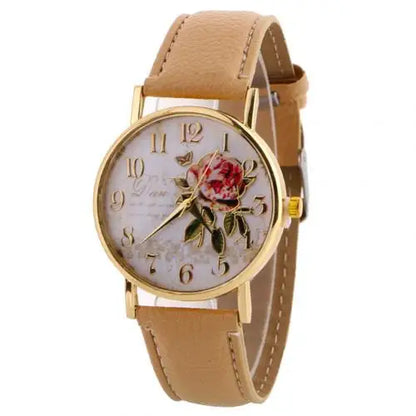 Rose Flower Round Dia Watch Women Elegant Watches Faux Leather Band Arabic Number Quartz Wristwatch Montre Femme Christmas Gift