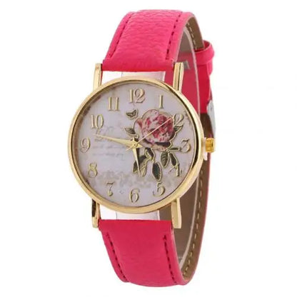 Rose Flower Round Dia Watch Women Elegant Watches Faux Leather Band Arabic Number Quartz Wristwatch Montre Femme Christmas Gift