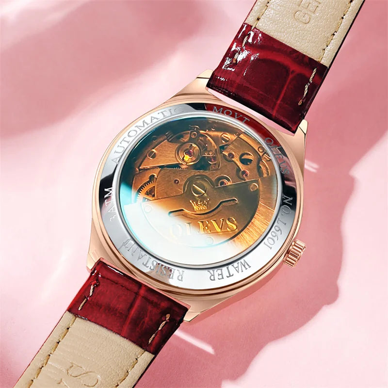 OLEVS Luxury Women Fashion 2025 Red Watches Qualities Mechanical Watch Ladies Leather Wristwatches Elegant Montre Femme