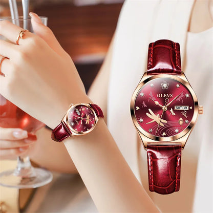 OLEVS Luxury Women Fashion 2025 Red Watches Qualities Mechanical Watch Ladies Leather Wristwatches Elegant Montre Femme