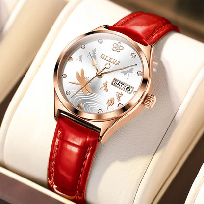 OLEVS Luxury Women Fashion 2025 Red Watches Qualities Mechanical Watch Ladies Leather Wristwatches Elegant Montre Femme