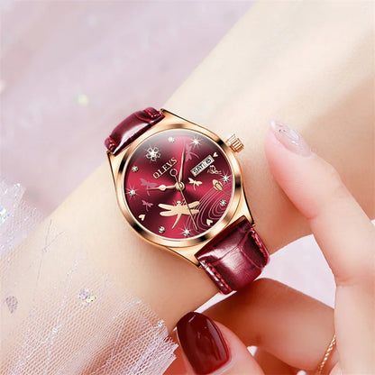 OLEVS Luxury Women Fashion 2025 Red Watches Qualities Mechanical Watch Ladies Leather Wristwatches Elegant Montre Femme