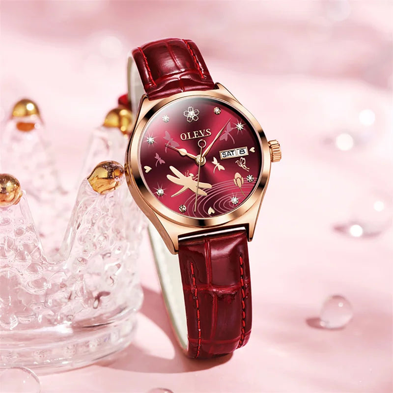 OLEVS Luxury Women Fashion 2025 Red Watches Qualities Mechanical Watch Ladies Leather Wristwatches Elegant Montre Femme