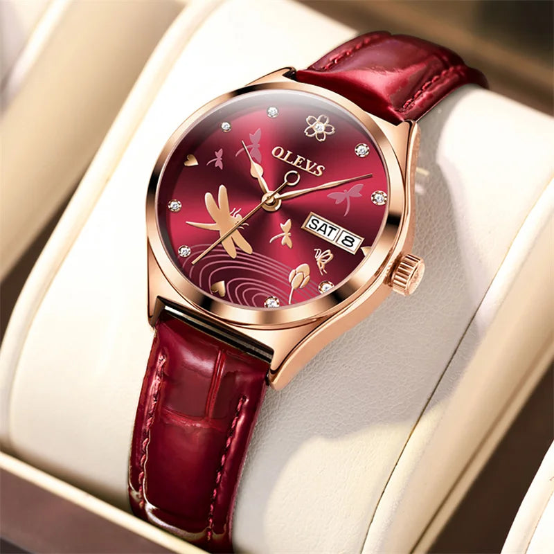 OLEVS Luxury Women Fashion 2025 Red Watches Qualities Mechanical Watch Ladies Leather Wristwatches Elegant Montre Femme