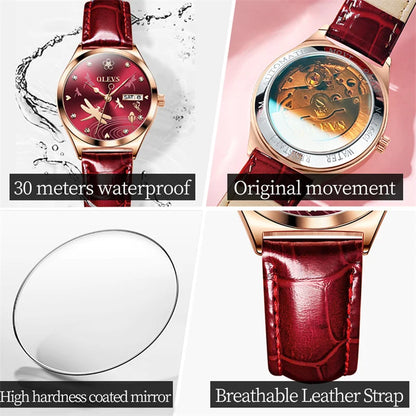 OLEVS Luxury Women Fashion 2025 Red Watches Qualities Mechanical Watch Ladies Leather Wristwatches Elegant Montre Femme