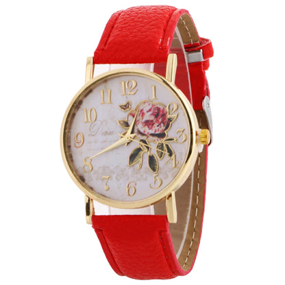 Rose Flower Round Dia Watch Women Elegant Watches Faux Leather Band Arabic Number Quartz Wristwatch Montre Femme Christmas Gift