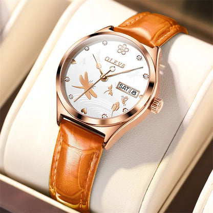 OLEVS Luxury Women Fashion 2025 Red Watches Qualities Mechanical Watch Ladies Leather Wristwatches Elegant Montre Femme