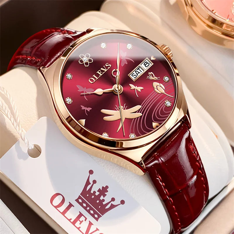 OLEVS Luxury Women Fashion 2025 Red Watches Qualities Mechanical Watch Ladies Leather Wristwatches Elegant Montre Femme