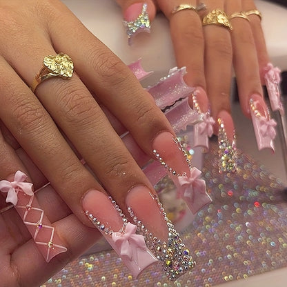 24pcs Glam Pink French Tip Press-On Nails with 3D Rhinestones & Bow Accents - Extra Long Square, Shiny Finish for Women and Girls