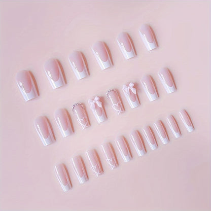 24pcs of White French Tip Rectangular Full Cover Fake Nails Designed with 3D Bow And Rhinestones, Reusable for Women.