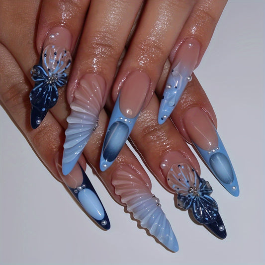 Long Almond Press On Nails Ocean Blue 3D Flower Design Fake Nails Full Cover False Nails For Women And Girls Including Nail File And Jelly Glue