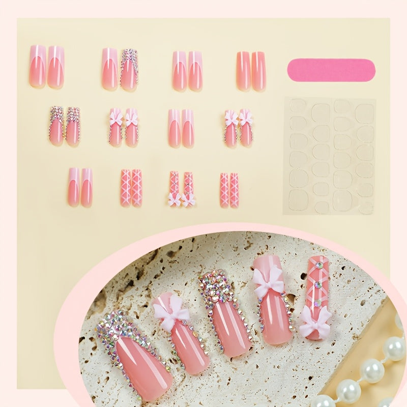 24pcs Glam Pink French Tip Press-On Nails with 3D Rhinestones & Bow Accents - Extra Long Square, Shiny Finish for Women and Girls